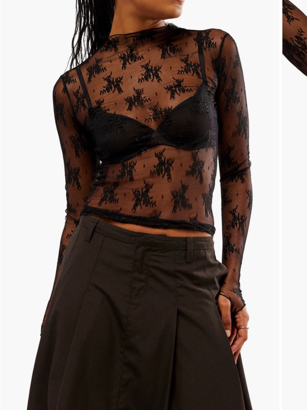 Free People Lady Lux Black Sheer Floral Lace Long Sleeve Layering Top